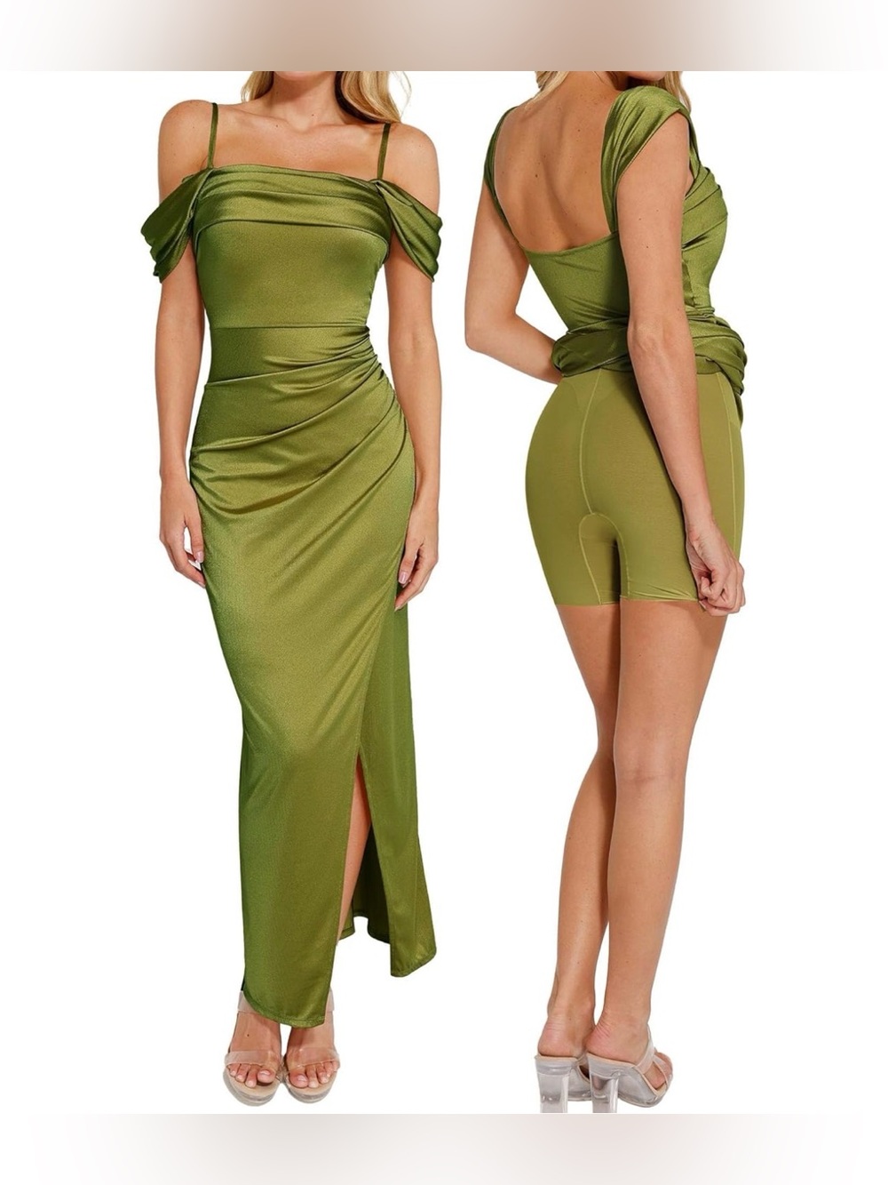 Off-Shoulder Olive Green Satin Maxi Dress XL new
